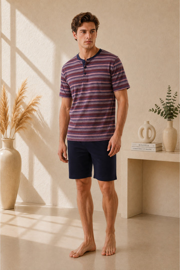 Men's Burgundy Striped Buttoned Collar Short Sleeve T-Shirt Navy Blue Shorts Summer Pajama Set