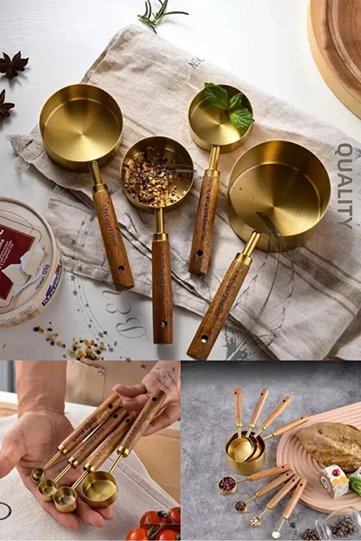4Pcs Gold Stainless Steel Wooden Handle Measuring Spoon Set Measuring Cup 1.25ml 2.5ml 5ml 15ml
