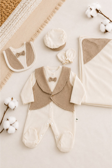 5-Piece Hospital Release Set 0-3 Months Cotton Piece Baby Boy Set Beige Vest Set Newborn Rompers Blanket Piece