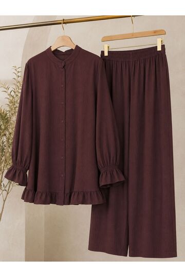 Women's Strawberry Fabric Stand Collar Buttoned Ruffle Detailed Hijab Tunic Pants Double Set