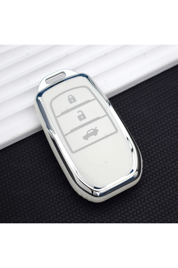 Toyota Compatible Ch-R, Corolla, Cross, Yaris, Cross, Prius, Rav4, Camry, Prado Silver Edge Tpu Key Case Cover (White - 3 Keys)