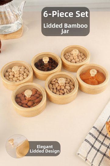Set of 6 Round Bamboo Snack Bowls with Lids - Coffee Side Serving Bowl, Presentation Bowl, Breakfast Bamboo Bowl