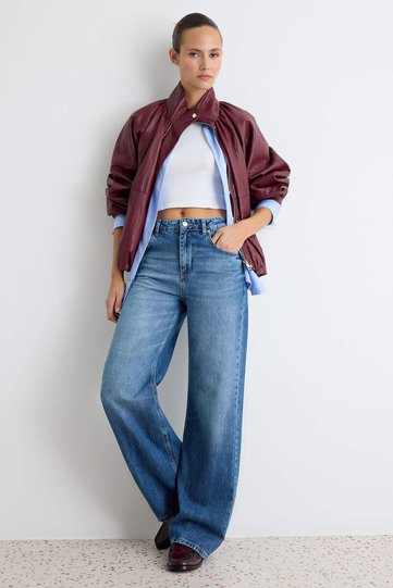 Dark Blue 100% Cotton Regular Waist Wide Leg Jeans Twoaw27Je00102