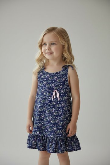 Girl's Navy Blue Tiny Crispy Colored Floral Dress 9240