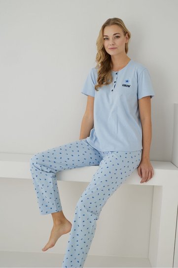 Women's 100% Organic Cotton Blue Floral Patterned Short Sleeve Natural Pajama Set