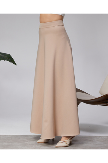 Cream Dabıl Thick Crepe Fabric Long Skirt with Belt