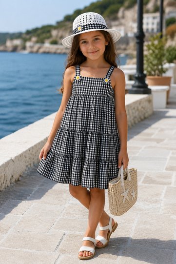 Girl's Ruffle Detailed Strappy Summer Dress Set I Hat Included Dress I Suitable for Daily and Holiday Use Dress Set I Wrinkled Fabric