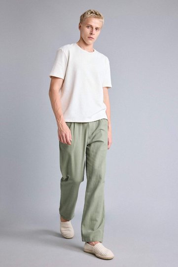 100% Cotton Relax Fit Elastic Lace-Up Waist Khaki Trousers I3017Ax26Hs