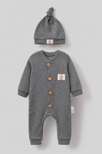 Unisex Waffle Baby Romper with Wooden Button Visual Design - Gray