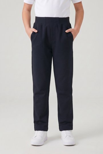Unisex Children's 2-Thread Seasonal Ribbed Waist Straight-Leg Compact Navy Blue Combed Cotton Trousers Sweatpants for School and Daily Use