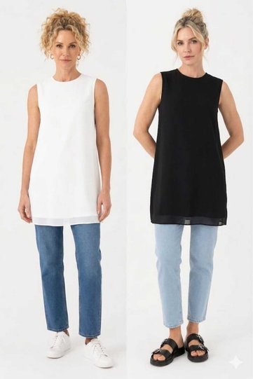 Women's Crew Neck Zero Sleeve Tunic with Chiffon Detail on Combed Cotton Front, Undergarment Ecru-Black Set of 2