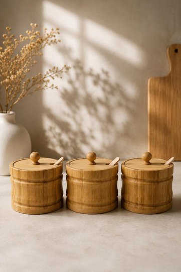 Bamboo Spice Container Set of 3 with Spoon and Lid, Salt Shaker, Tea and Sugar Bowl, Coffee and Spice Storage Container 9X9 cm