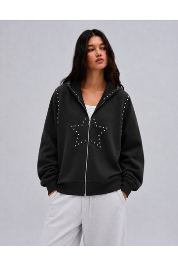 Women's Hooded Zippered Star Detailed Oversize Hoodie Cardigan