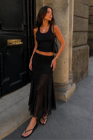 Women's Black Mini Leopard Lace A-Line Half Lining Detailed Lace Maxi Skirt