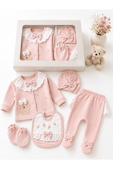 Baby Girl Newborn 5-Piece Hospital Discharge Set with Lace Collar, Gift Set, Cotton, Pink, in Box