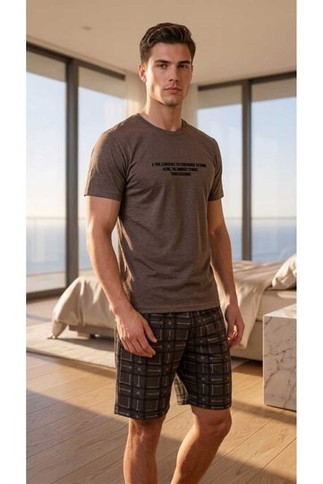 Men's Short Sleeve Shorts Brown Plaid Pajama Set