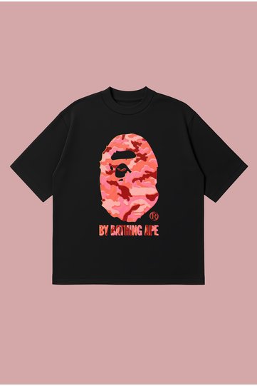 Pink Glitch Bape Printed Oversize Boxy Cut Unisex 100% Cotton Tshirt |   Streetwear