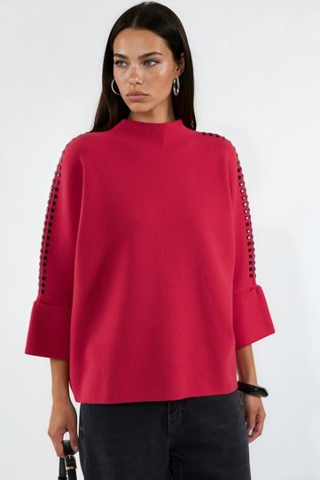 High Collar Knit Sweater with Stone Accessory Detail