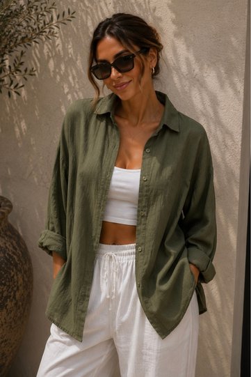 Oversized Linen Textured 100% Cotton Single Pocketed Casual Khaki Green Shirt Bb-Ku3435