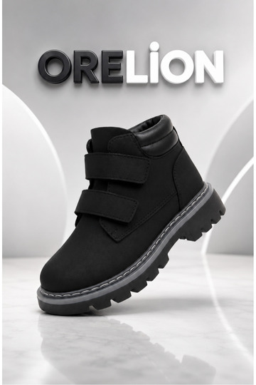 Boy's Black Gray Detailed Double Velcro Non-Slip Sole Winter Boots