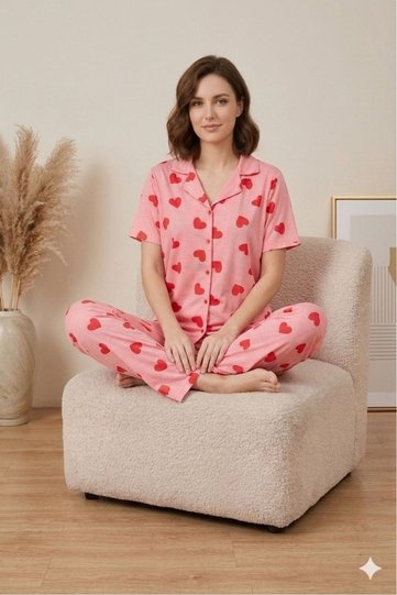 Summer Lycra Pomegranate Color Heart Patterned Women's Shirt Collar Buttoned Pajama Set