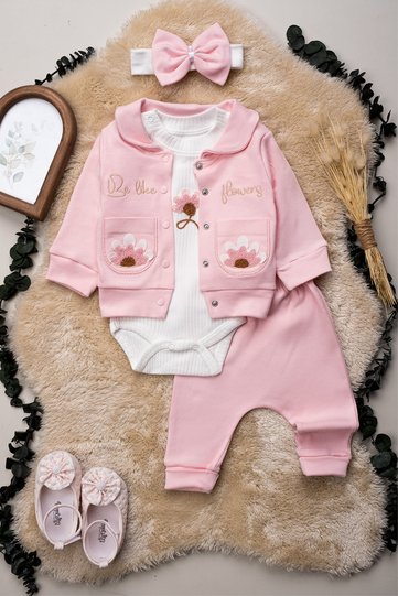 1044 Embroidered Baby Girl 3-Piece Set – Pink Powder Lilac Dried Rose Knitted Fabric Stylish Set 3-6-9 Months