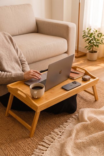 صينية تناول الطعام من الخيزران مع أرجل قابلة للطي - طاولة تقديم الإفطار للابتوب متعددة الأغراض