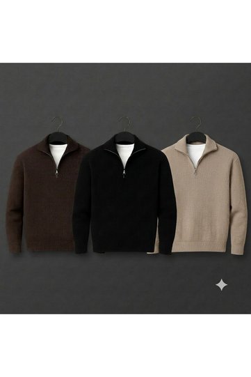3-Piece Advantageous Set Winter Stand-Up Collar Sweater Thick Cotton Comfortable Half-Zipper Quality Basic Knitwear