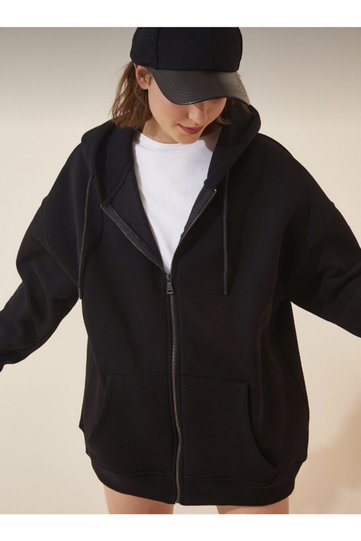 Unisex Hooded Black Zippered Ribbed Oversize Thick Sweatshirt