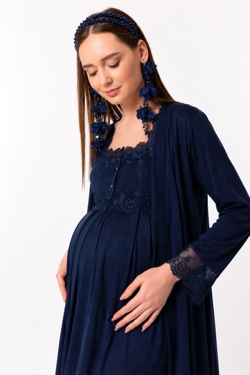 Effortt Navy Maternity and Postpartum Nightgown Set with Robe