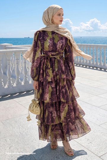 Bohemian Patterned Layered Belted Plum Dress