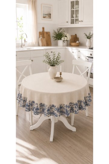 Linen Round Tablecloth with Ruffles Navy Blue French Country Patterned Vintage Country Bohemian Living Room Kitchen Cover