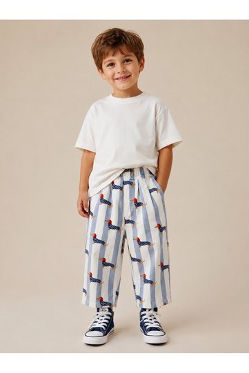 Unisex Dog Patterned Striped Children's Trousers with Wide Legs, Comfortable Balloon Fit