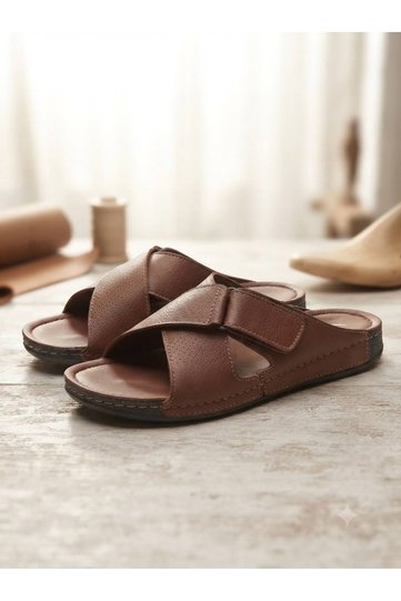 Men's Orthopedic Comfortable Sole Velcro Adjustable Daily Use Leather (Synthetic) Stitched Slippers
