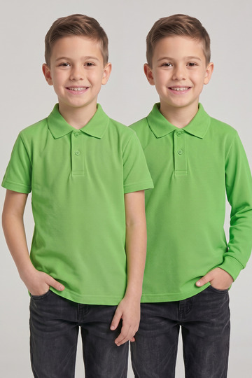 Children's Green 2-Piece Polo Collar Short Sleeve and Long Sleeve School T-Shirt Set