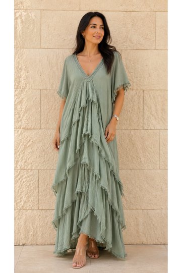 Women's Original Italian Collar Sequined Ruffle Silk Dress 38-44
