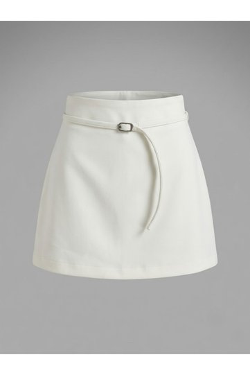 Women's Solid Color Zippered Waist Belted Shorts Skirt Shorts Skirt with Back Pocket