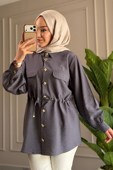 9102 - Stylish Comfortable Woven Women's Shirt with Button and Waist Tie Detail