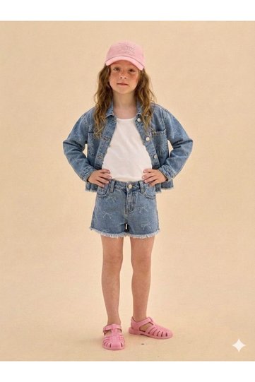 Bowknot Printed Shorts Jacket Jeans / Denim 2-Piece Set