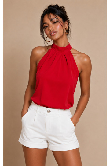 Women Buttoned Halter Neck Open Shoulder Draped Bluz Blz8863