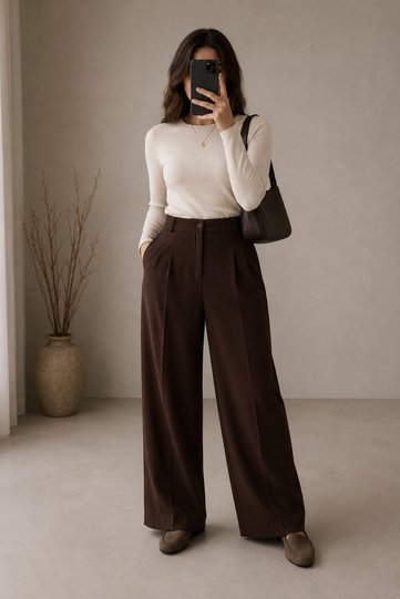 Women's Double Pleated Wide Leg Brown Palazzo Pants