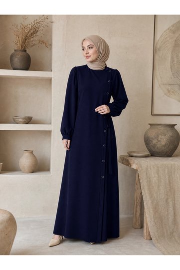Tied Snap Detailed Coat - Navy Blue / F121