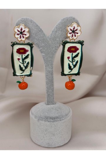 Floral Patterned Hand-Painted Look Dangle Earrings Cherry Detailed Colorful Women's Earrings