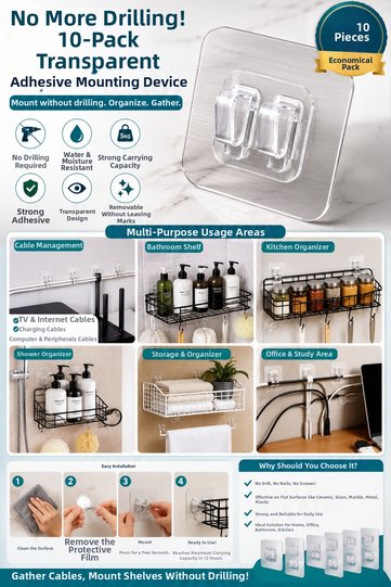 Adhesive Double Prong Hooks,10Pcs Shower Caddy,Cable Organizer Sticky Hook,Clear Self Adhesive Shower Caddy,Replacement Hook,Waterproof,For Kitchen,Bathroom,Living Room