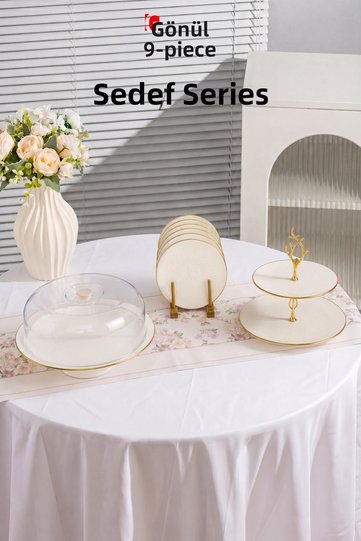 Patterned 9-Piece Cake, Pastry, Dessert Presentation Set – Gold Gilded Detailed Presentation Set