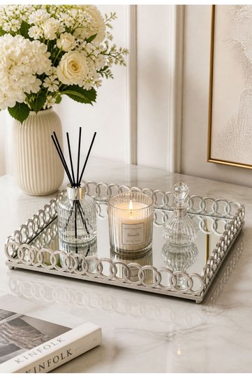 Silver Decorative Tray with Mirrored Ring Detail Large (27X40)