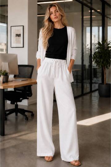 White Cotton Comfortable Cut Wide-Leg Pants with Elastic Waist and Laces