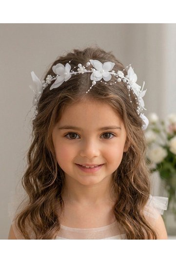 Girl Child 3D Chiffon Butterfly Floral Bridal Wedding Bridesmaid Graduation Tiara - Tie-Back Special Occasion Hair Accessory