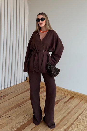 Brown Vero Cotton Belted Double Suit - 1300