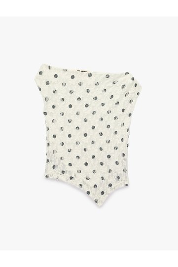 Slim Fit Asymmetrical-Cut Polka-Dot Sleeveless Lace Blouse